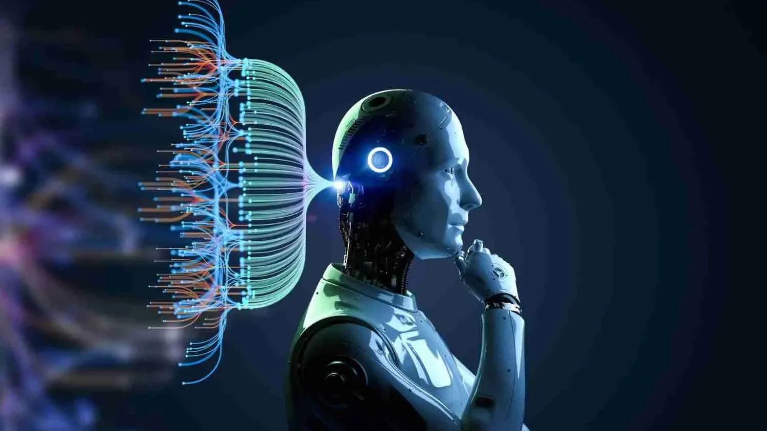 Robot humanoïde pensif face à un réseau de connexions lumineuses